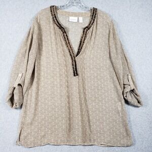 Chico's Women Size 2 Tan Brown Beaded Geometric Roll Tab Sleeve Tunic Blouse L